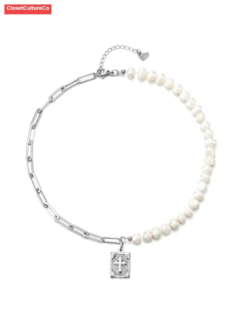 Pearl & Stainless Steel Paperclip Chain Necklace Cross Charm
